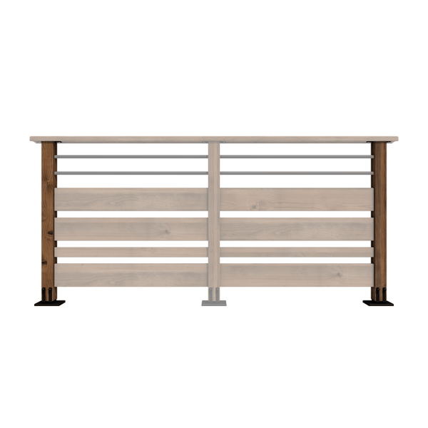 Terrassengeländer aus Holz mit horizontalen Latten und Metallstäben, inklusive Handlauf und Pfosten.
