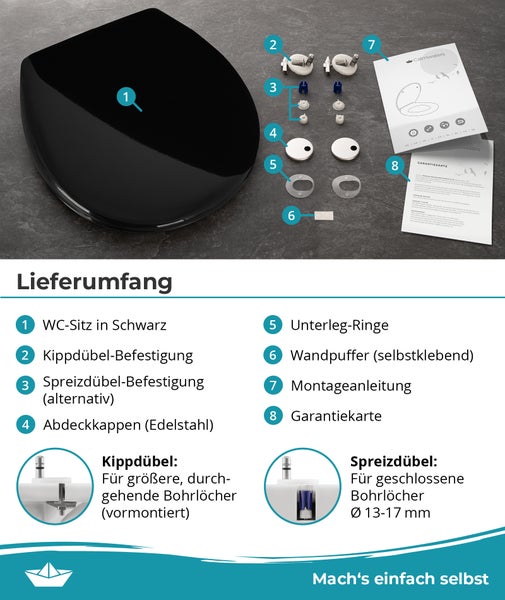 Lieferumfang eines WC Sitzes mit Befestigungsmaterial, Montageanleitung und Garantiekarte.