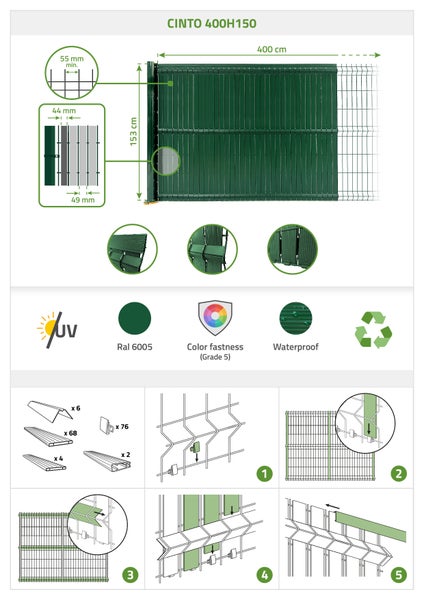 PVC-Sichtschutzlamellen-Set 4m CINTO H.150cm Grün