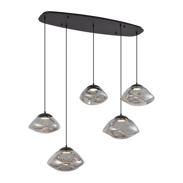 Hängelampe mit fünf rauchfarbenen Glasschirmen und schwarzer Aufhängung