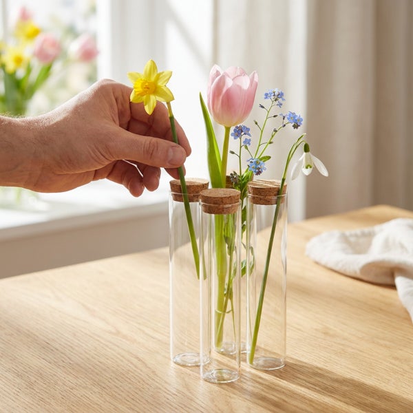Eine Hand platziert eine Narzisse in eine von vier Glasreagenzglasvasen mit Korkstopfen auf einem Holztisch.