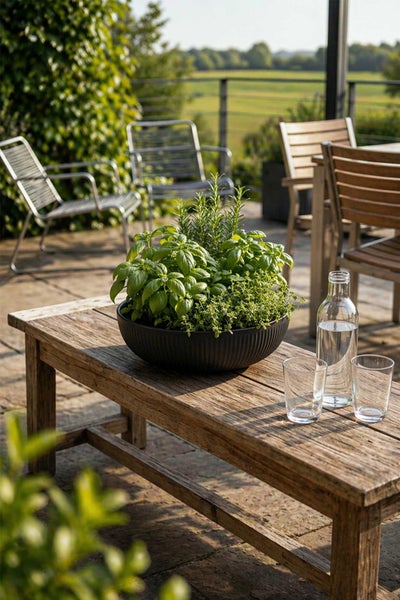 Schwarze Kräuterschale mit Basilikum, Rosmarin und Thymian auf einem hölzernen Gartentisch mit Wasserkaraffe und Gläsern auf einer hellen Terrasse.