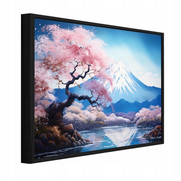 Dekoratives gerahmtes Wandbild mit einer Landschaftsansicht eines Sees mit einem blühenden Baum und einem Berg