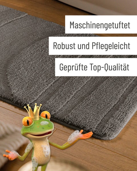 Maschinengestuftete Badematte mit Streifenmuster auf Holzboden, robust, pflegeleicht und in geprüfter Top-Qualität.