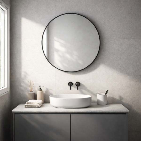 Modernes Badezimmer mit rundem Wandspiegel, weißer Waschschale auf grauem Unterschrank und schwarzer Wandarmatur vor hellgrauen Fliesen.