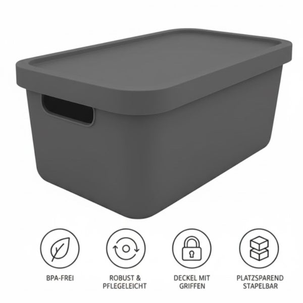 Aufbewahrungsbox mit Deckel und Symbolen für BPA-frei, robust und pflegeleicht, Deckel mit Griffen und platzsparend stapelbar