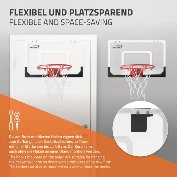 Hauki Mini Basketballkorb fürs Zimmer im Set 3 Bälle Ø16cm, Netz, Pumpe, 58x40 cm, Weiß, tragbar, Backboard Tür/Wandmontage, ohne Bohren, Indoor Basketball Hoop hängend, Hängebrett Basketballbrett