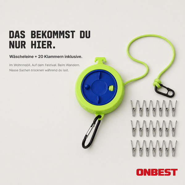Tragbares neongrünes Wäscheleinen-Set im runden Gehäuse mit 20 silbernen Metallklammern und 2 schwarzen Karabinern. ONBEST Logo.