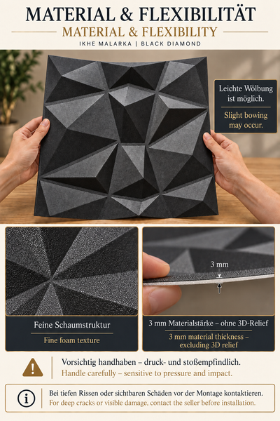 Infografik zu Materialeigenschaften der Wandpaneele Black Diamond mit Hinweisen zu Struktur, Materialstärke und Handhabung.