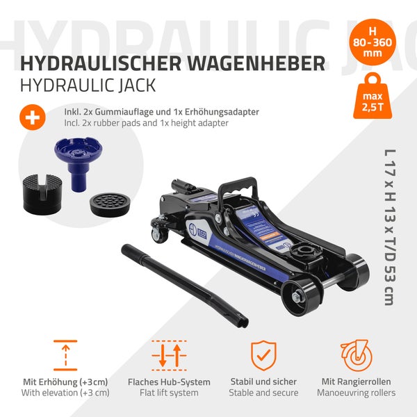 Hydraulischer Wagenheber mit Gummiauflage und Erhöhungsadapter