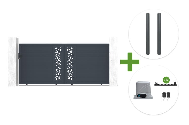 Schiebetor-Set aus dunkelgrauem Aluminium mit Dekor-Füllung, zwei Pfosten und elektrischem Torantrieb inklusive Zahnstange und Fernbedienungen.
