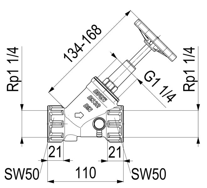 Technische Zeichnung Schrägsitzventil Nennweite 32: Länge 110 Millimeter, Anschlussgröße Rp 1 ein Viertel Zoll und Schlüsselweite 50.