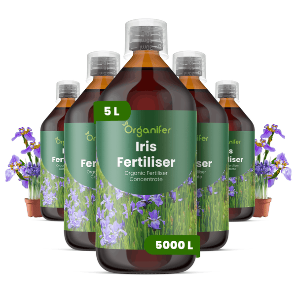 Organifer Iris Dünger mit Organifer Logo, 5 Flaschen organisches Düngerkonzentrat, insgesamt 5 Liter für circa 5000 Liter Gießwasser.