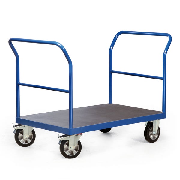 Blauer Plattformwagen mit Ladefläche und Griffen