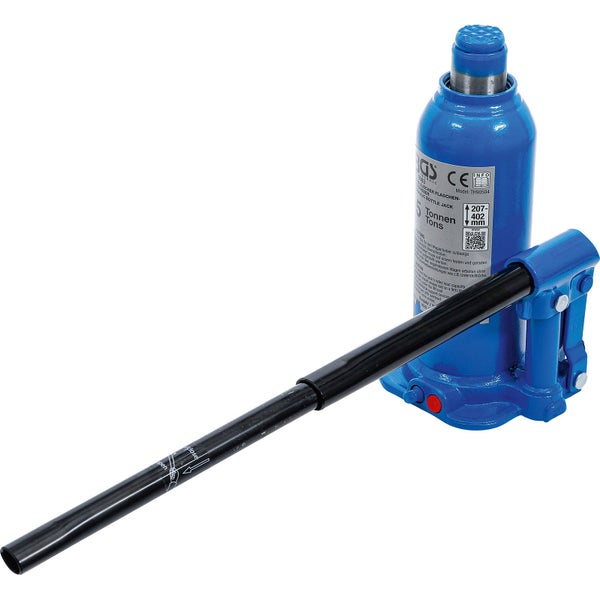 Blauer hydraulischer Stempelwagenheber aus Metall für 5 Tonnen mit einer Hubhöhe von 207 bis 402 Millimeter und Pumpstange.