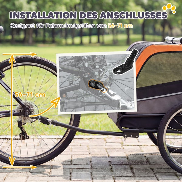 Montage eines Fahrradanhängers an der Hinterachse eines Fahrrads, geeignet für Reifengrößen von 56 bis 71 Zentimeter.