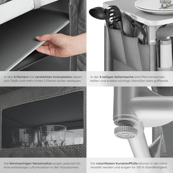 Detailansicht eines Küchenschranks mit sechs Fächern, Seitentasche für Utensilien, feinmaschigen Netzeinsätzen und verstellbaren Kunststofffüßen.