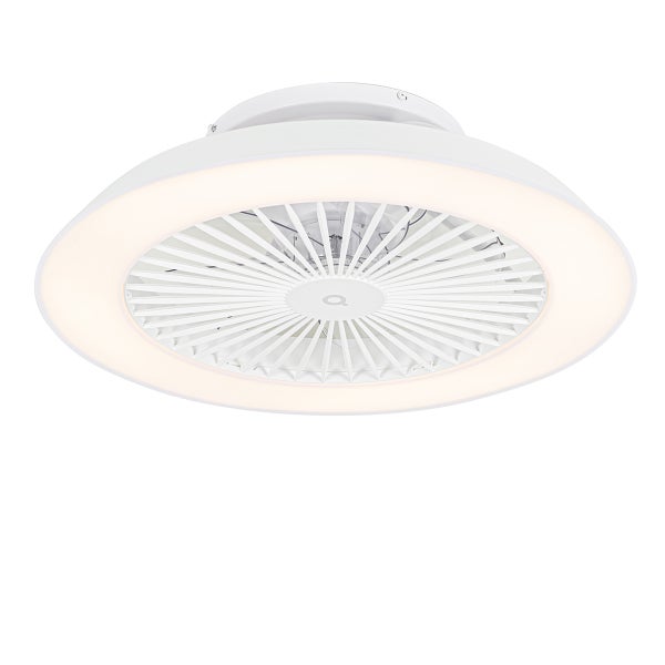 Moderner weißer Deckenventilator mit integriertem LED-Lichtring und radialem Schutzgitter.