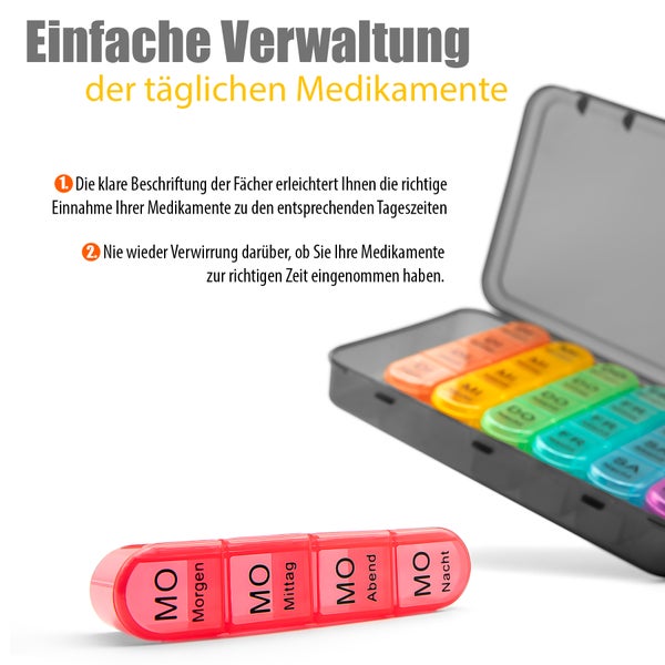 BigDean 2 Stück Tablettenbox 7 Tage luftdicht & lebensmittelecht – Medikamentenbox Morgens, Mittags, Abends & Nacht – im Regenbogen Design