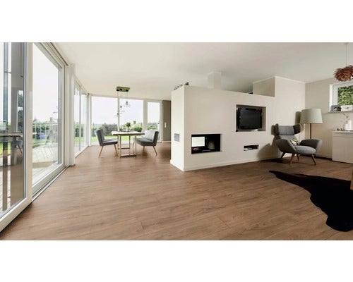 Heller Wohnraum mit Holzboden, Esstisch, Stühlen und Fernseher