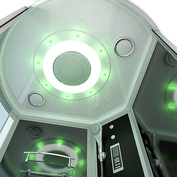 Innenansicht einer modernen Duschkabine mit runder Regendusche, integrierter LED-Beleuchtung, Handbrause, Lautsprechern und digitalem Bedienpanel.