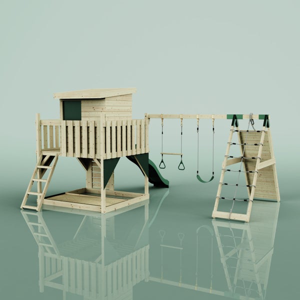 Spielturm aus Holz mit Spielhaus, Rutsche, Schaukel, Trapez, Sandkasten und Kletterwand.
