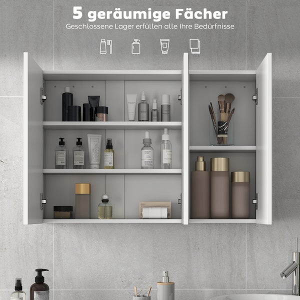 Badezimmer Spiegelschrank mit drei offenen Türen und fünf geräumigen Fächern, organisiert mit verschiedenen Kosmetikartikeln.