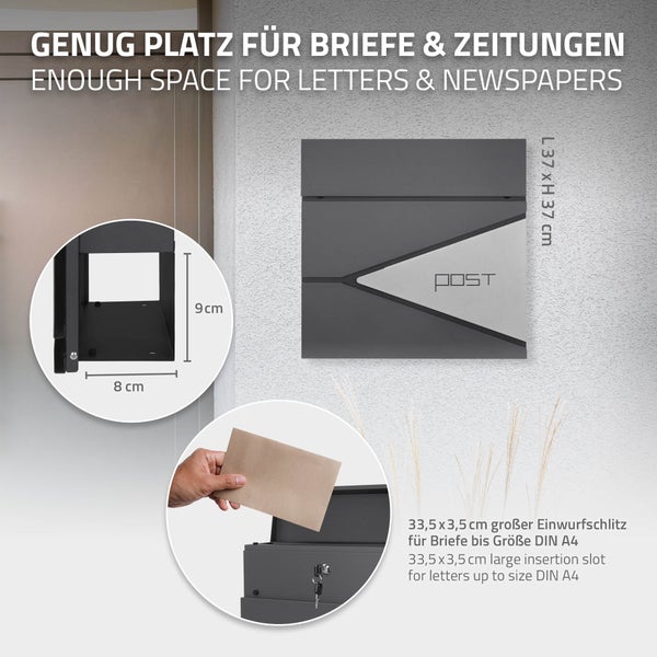 Briefkasten mit Platz für Briefe und Zeitungen, Größe 37x37 Zentimeter
