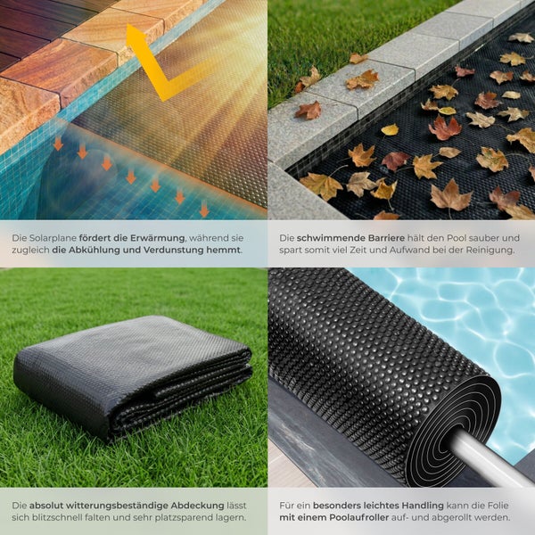 Vierteilige Darstellung der Vorteile einer Pool Solarplane zur Erwärmung, Reinigung, Lagerung und Aufrollung der Schwimmbadabdeckung.
