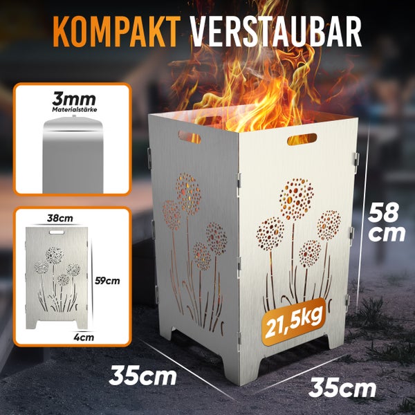 Feuerkorb aus Stahl mit Blumenmuster, 58 cm hoch und 35 cm breit