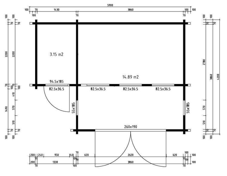 Grundrisszeichnung eines Gartenhauses mit detaillierten Maßen, Positionen von Türen und Fenstern sowie Flächenangaben in Quadratmetern.