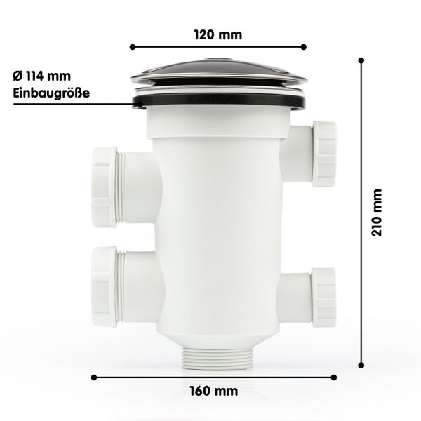 Siphon mit Maßen: Höhe 210 Millimeter, Breite 160 Millimeter, Deckel 120 Millimeter, Einbaugröße Durchmesser 114 Millimeter.