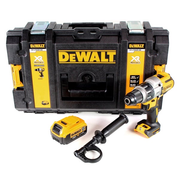 DeWALT 18 Volt XR Lithium-Ionen Akku-Bohrschrauber Set mit Transportkoffer, Akku und Zusatzhandgriff.