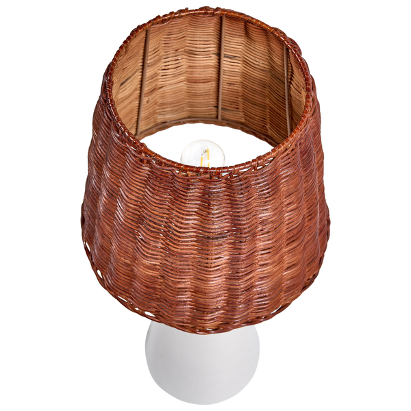Tischleuchte mit gewebtem Lampenschirm aus Rattan und kugelförmigem Leuchtenfuß