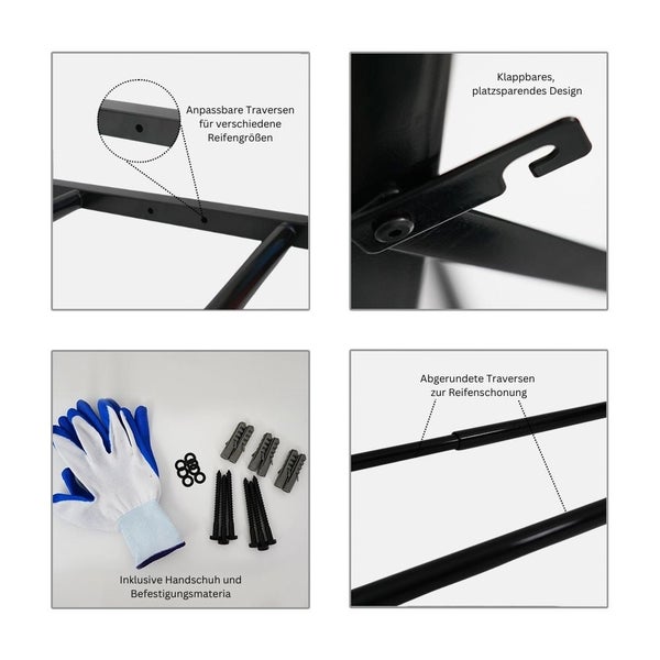 PROREGAL Klappbares Reifenregal CARRERO für Wandmontage HxBxT 62x88-122x57cm, bis zu 5 Reifen, Schwarz