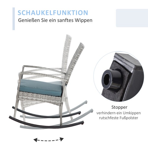 Schaukelstuhl aus grauem Polyrattan mit blauem Kissen, Schaukelfunktion, Sicherheitsstoppern und rutschfesten Fußpolstern.