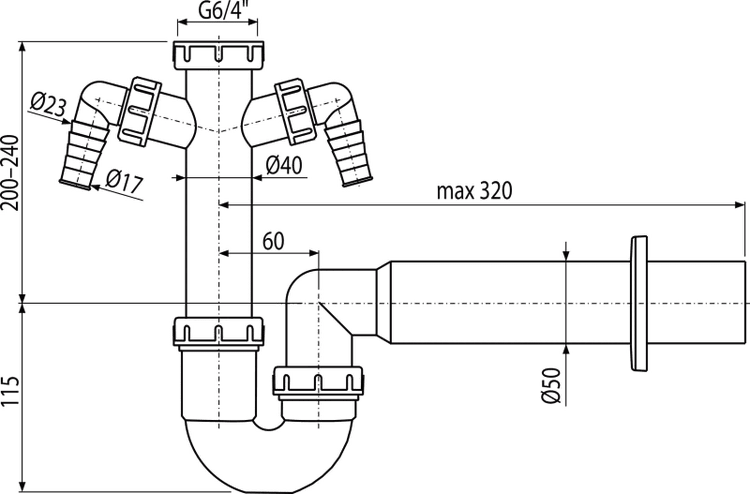 Technische Zeichnung eines Siphons für Spülbecken mit zwei Anschlüssen und Abflussrohr mit Maßen.