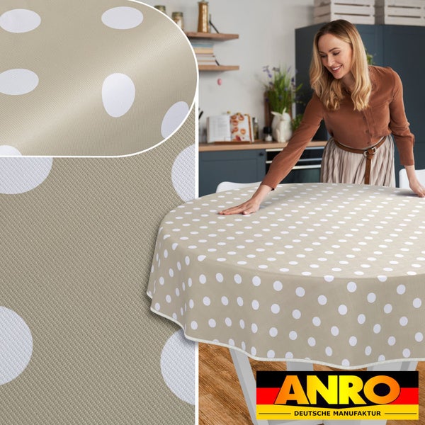 Runde Wachstuchtischdecke mit Punktmuster auf Küchentisch, Anro Deutsche Manufaktur Logo