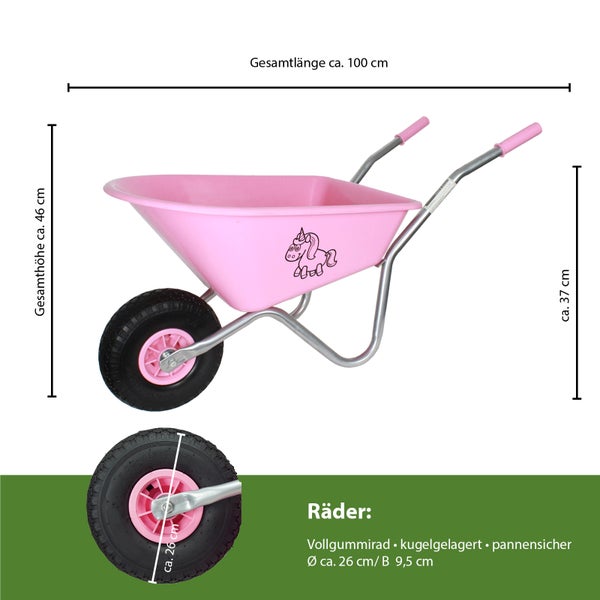 Rosa Kinderschubkarre mit Einhorn Motiv