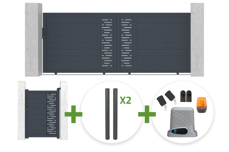 Komplettset mit elektrischem Schiebetor, Gartentor, zwei Pfosten und Torantrieb inklusive Fernbedienungen und Sensoren.