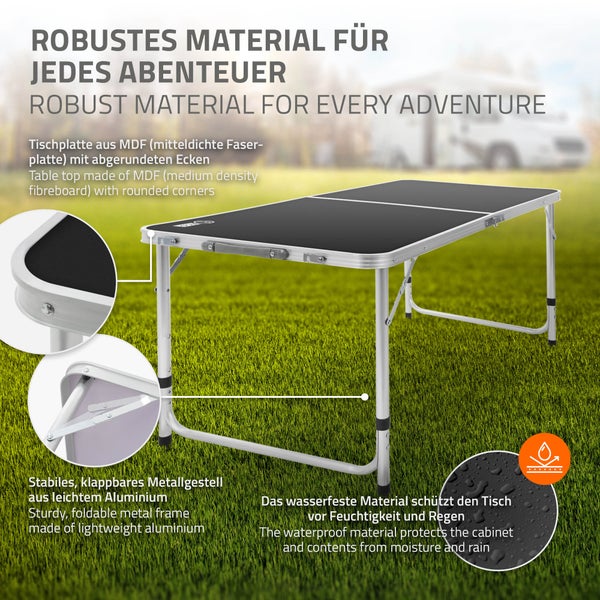ECD Germany Alu Campingtisch Klapptisch, höhenverstellbar 120x60x54-70 cm, Schwarz, HDPE-Platte, klappbar, tragbar, leicht, Falttisch mit Griff, Koffertisch Gartentisch Reisetisch Balkontisch Esstisch