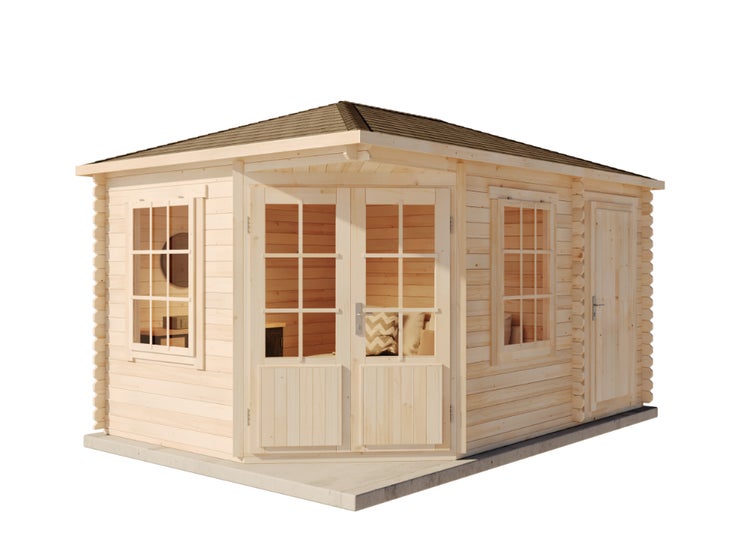 Gartenhaus aus Holz mit Fenstern und Doppeltür