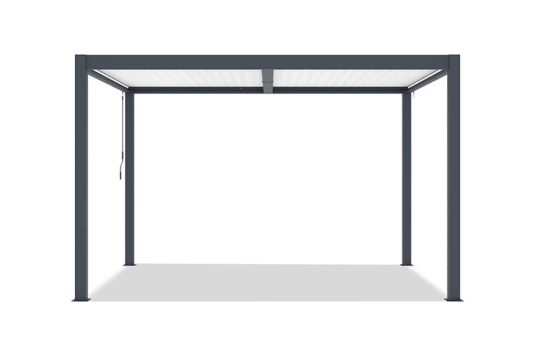 Freistehende graue Pergola mit verstellbarem Lamellendach.
