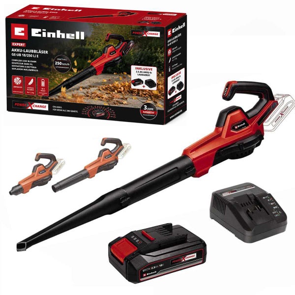 Einhell Akku-Laubbläser GE-UB 18/250 Li E inklusive 2,5 Amperestunden Akku und Ladegerät aus der Power X-Change Familie.