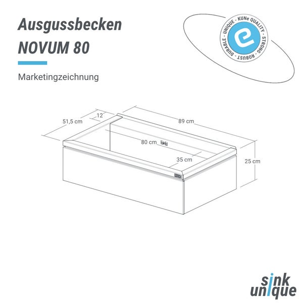 Technische Zeichnung Ausgussbecken NOVUM 80 mit Maßen in Zentimeter: Breite 89, Tiefe 51,5, Höhe 25. KUNe Quality Siegel. sink unique Logo.