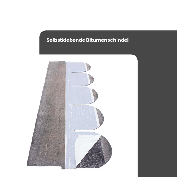Selbstklebende Bitumenschindel in Biberschwanzform mit abgezogener Schutzfolie auf der Rückseite.