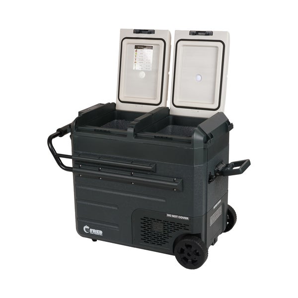 Mobile Kompressor Kühlbox mit zwei getrennten Deckeln, Rollen und Ausziehgriff, Fred Logo