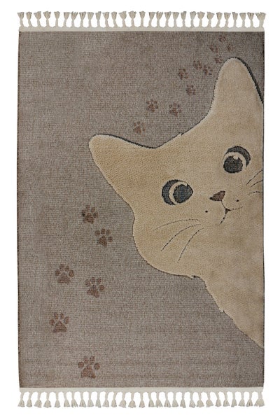 Rechteckiger Teppich mit Katzenmotiv und Pfotenabdrücken sowie Fransen an den kurzen Seiten.