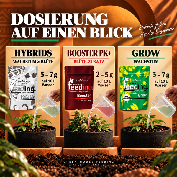Übersicht zur Dosierung der Green House Feeding Dünger Hybrids, Booster PK plus und Grow mit Dosierempfehlungen für 10 Liter Wasser.