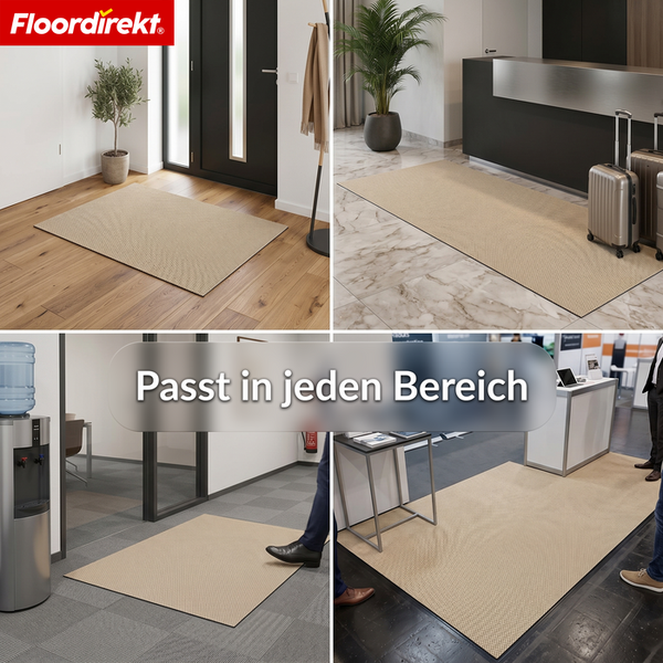 Floordirekt Logo. Collage zeigt eine beige Schmutzfangmatte in verschiedenen Umgebungen wie Hauseingang, Rezeption, Büro und Messestand.